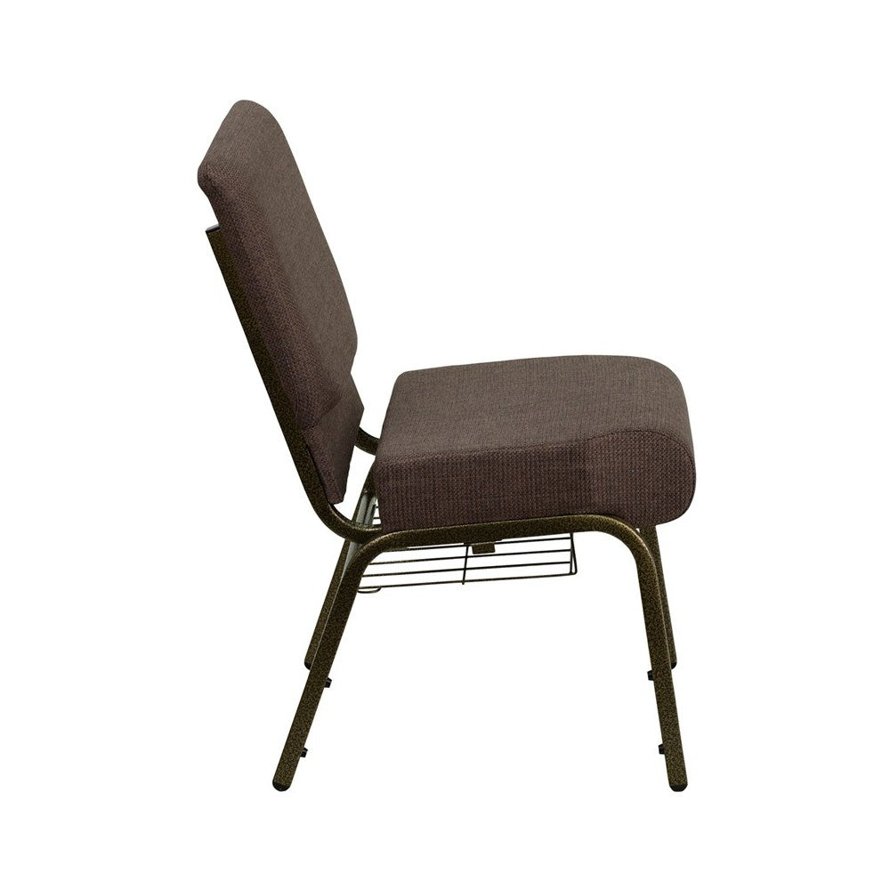 21''W Church Chair in Brown Fabric with Cup Book Rack - Gold Vein Frame