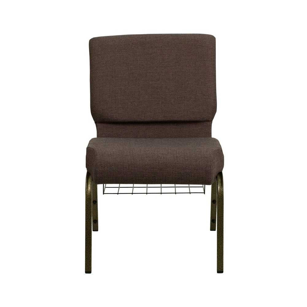 21''W Church Chair in Brown Fabric with Cup Book Rack - Gold Vein Frame