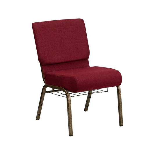 21''W Church Chair in Burgundy Fabric with Cup Book Rack - Gold Vein Frame