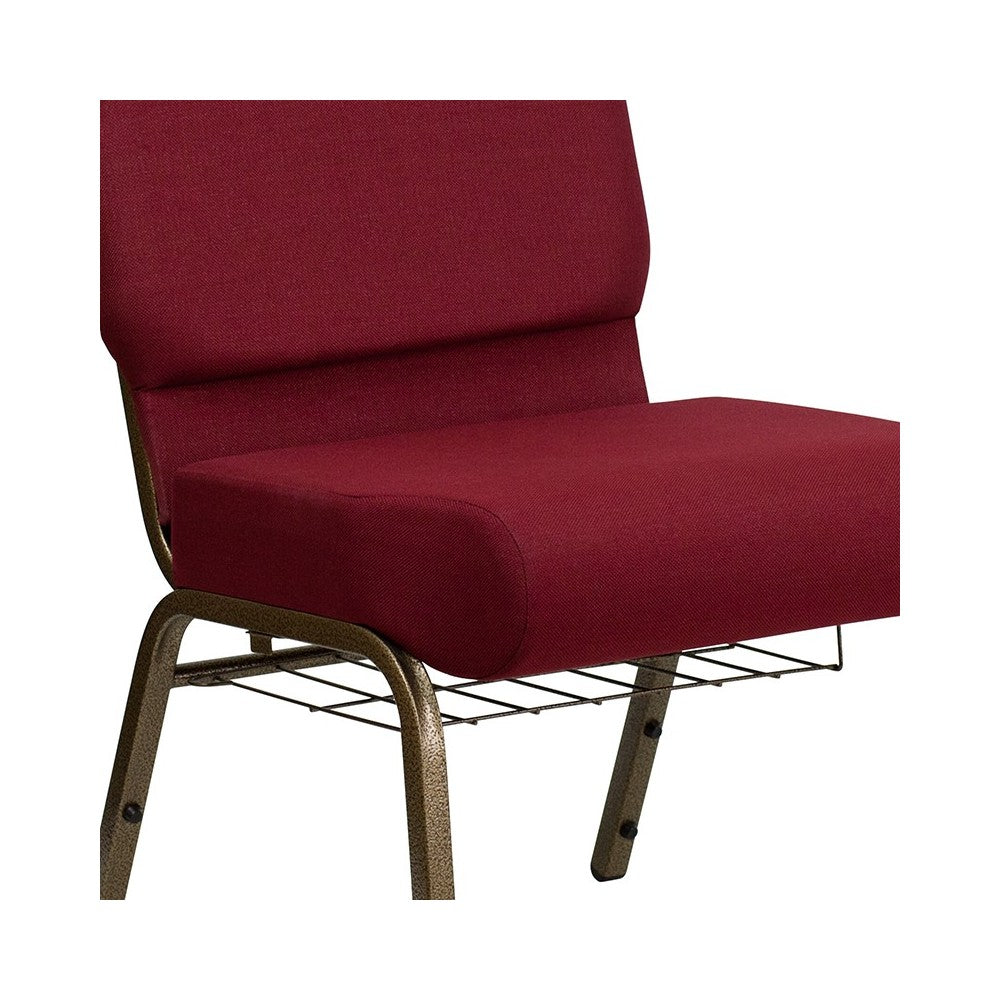 21''W Church Chair in Burgundy Fabric with Cup Book Rack - Gold Vein Frame