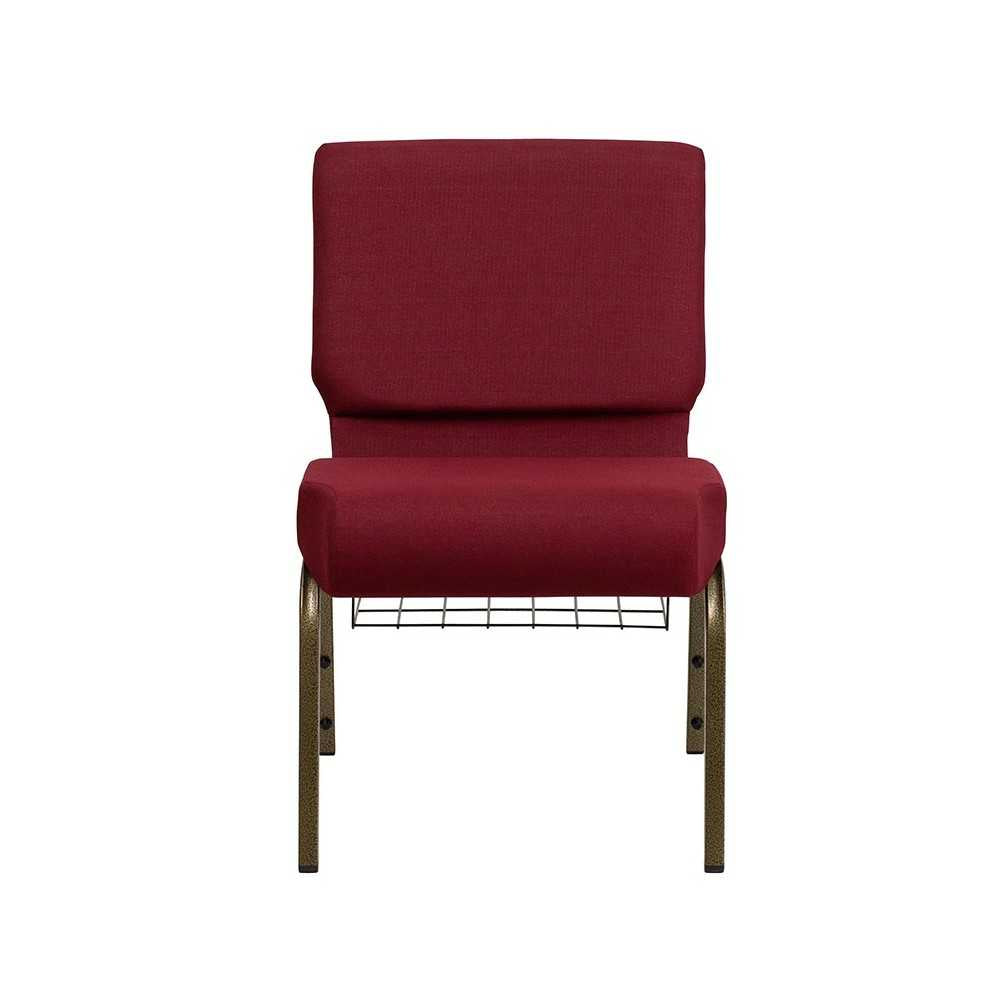 21''W Church Chair in Burgundy Fabric with Cup Book Rack - Gold Vein Frame