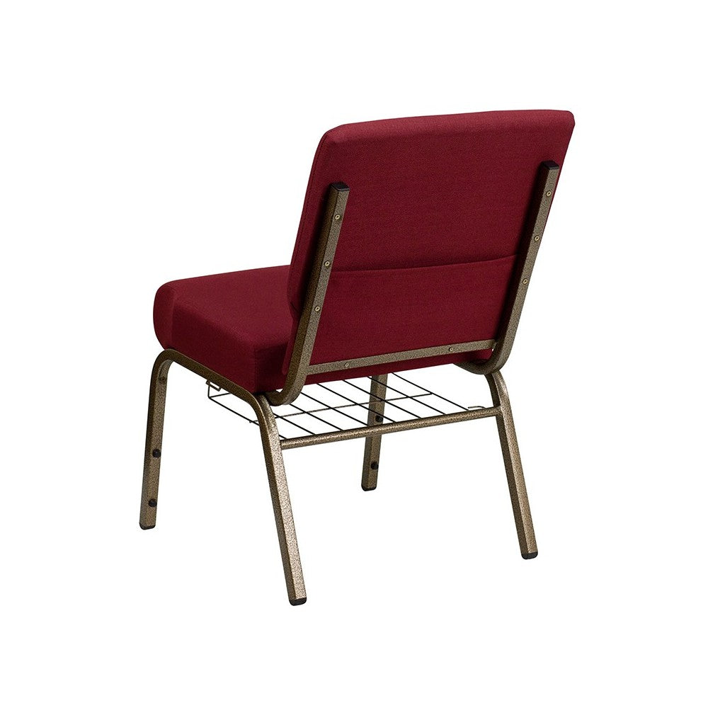 21''W Church Chair in Burgundy Fabric with Cup Book Rack - Gold Vein Frame