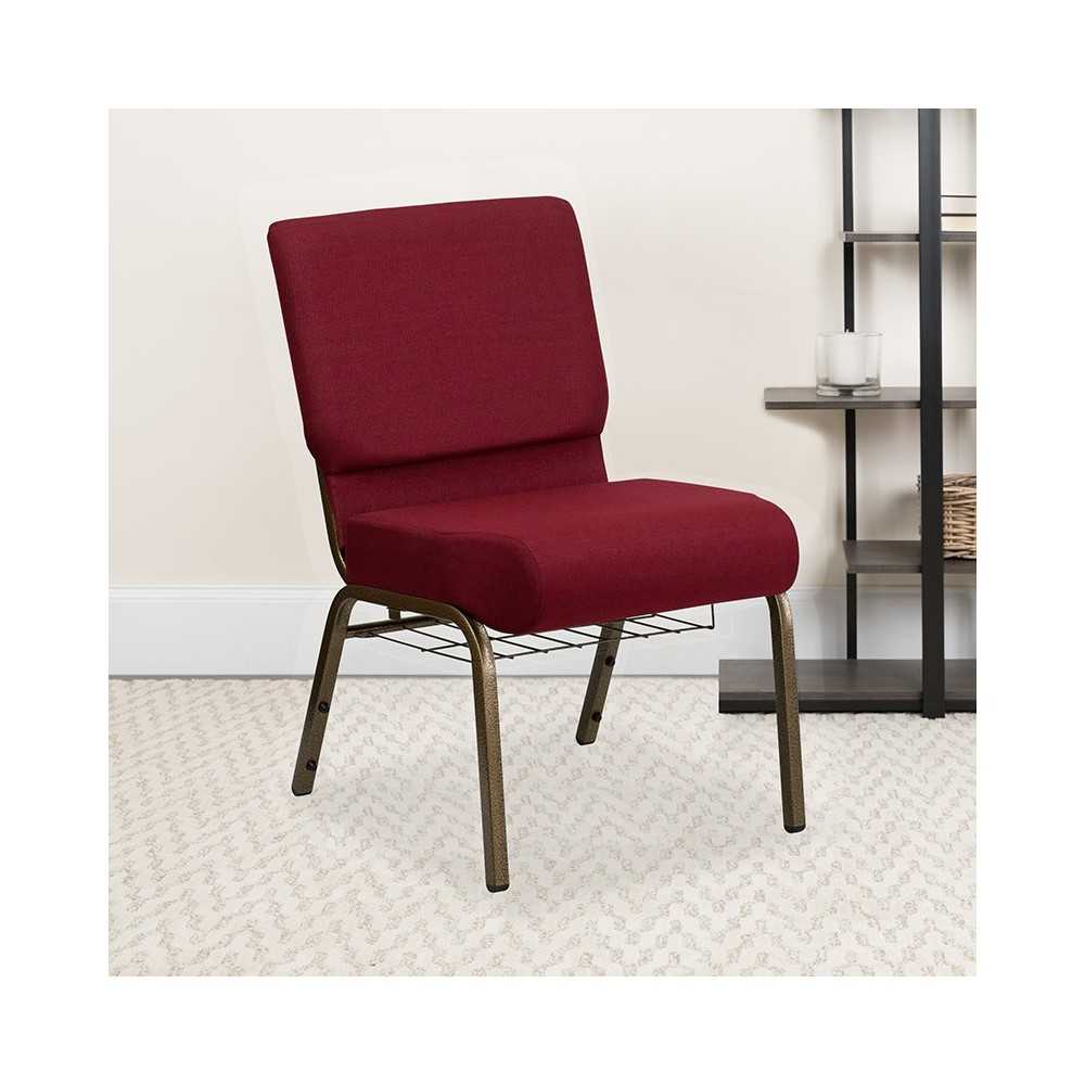 21''W Church Chair in Burgundy Fabric with Cup Book Rack - Gold Vein Frame