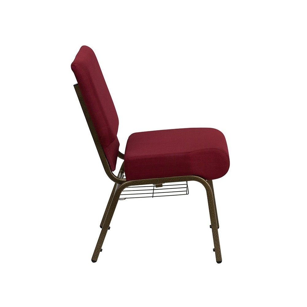 21''W Church Chair in Burgundy Fabric with Cup Book Rack - Gold Vein Frame