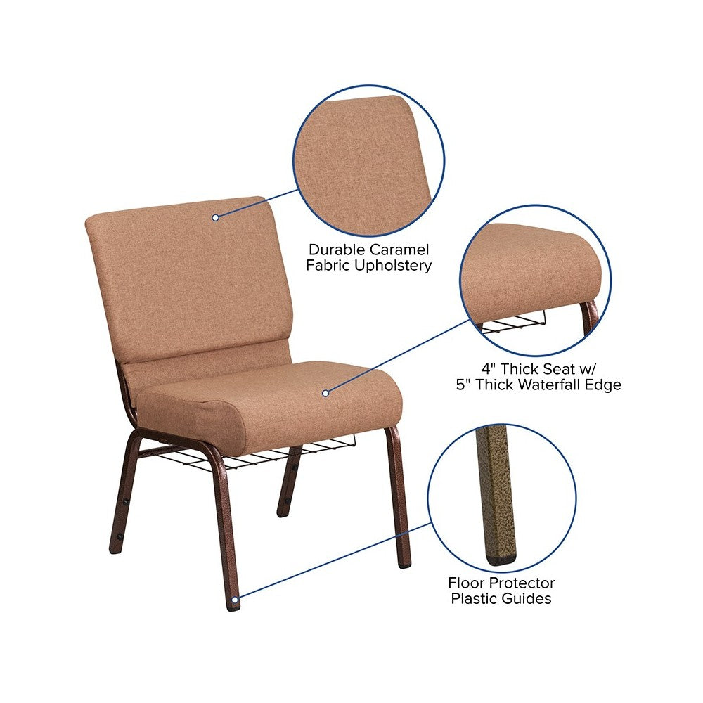 21''W Church Chair in Caramel Fabric with Cup Book Rack - Copper Vein Frame