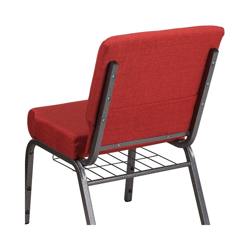 21''W Church Chair in Crimson Fabric with Cup Book Rack - Silver Vein Frame