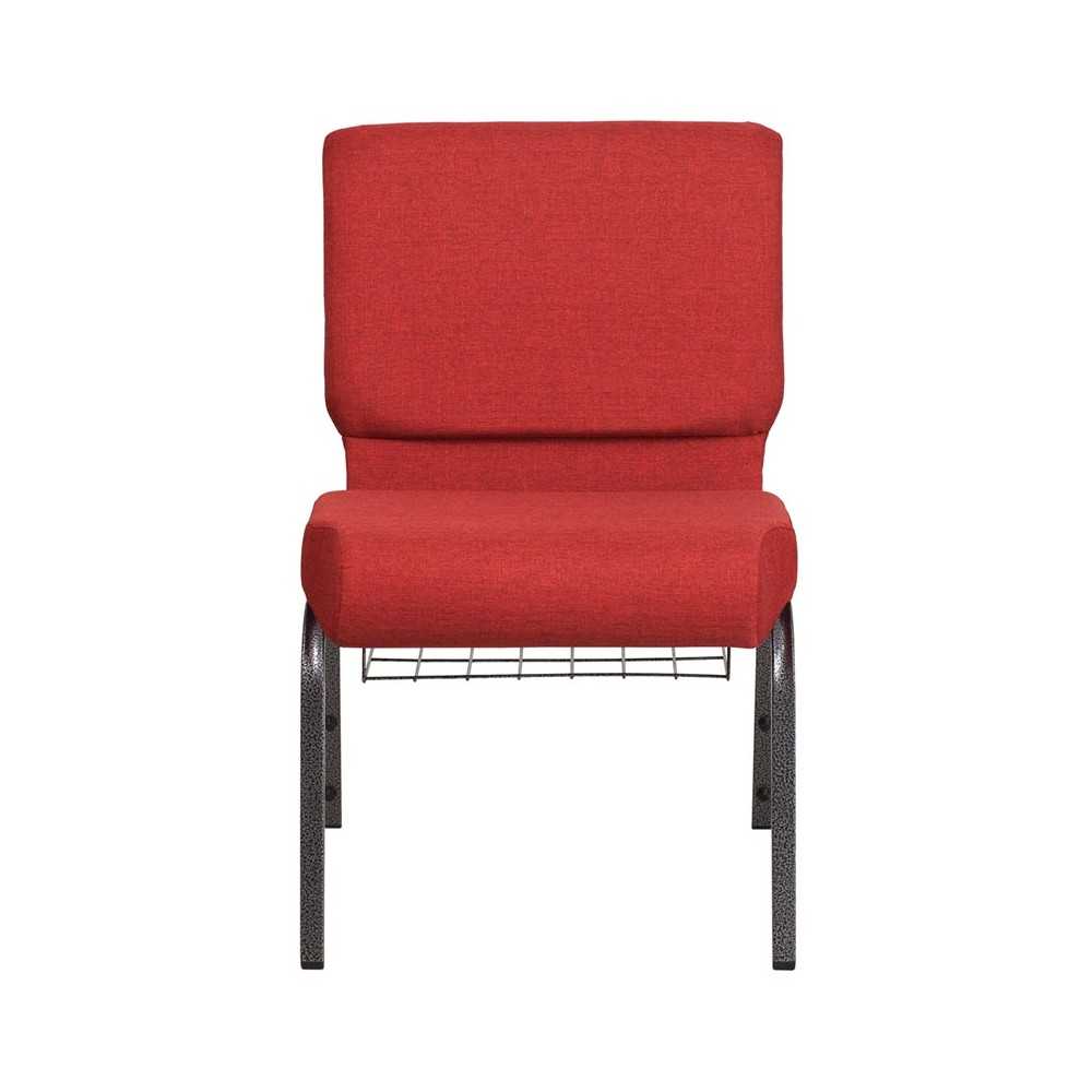 21''W Church Chair in Crimson Fabric with Cup Book Rack - Silver Vein Frame