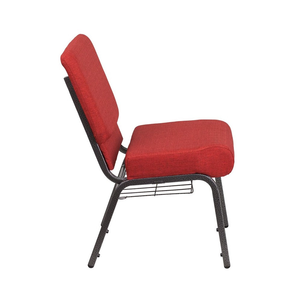 21''W Church Chair in Crimson Fabric with Cup Book Rack - Silver Vein Frame
