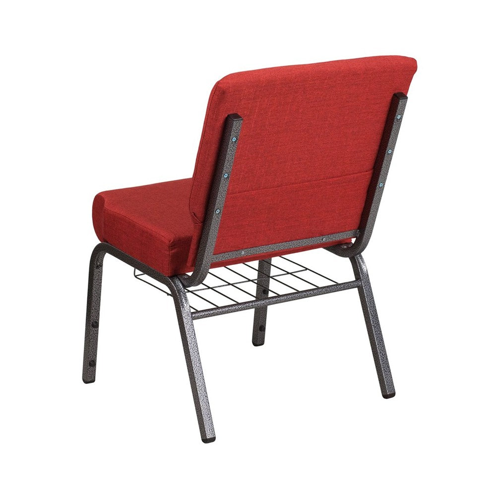 21''W Church Chair in Crimson Fabric with Cup Book Rack - Silver Vein Frame