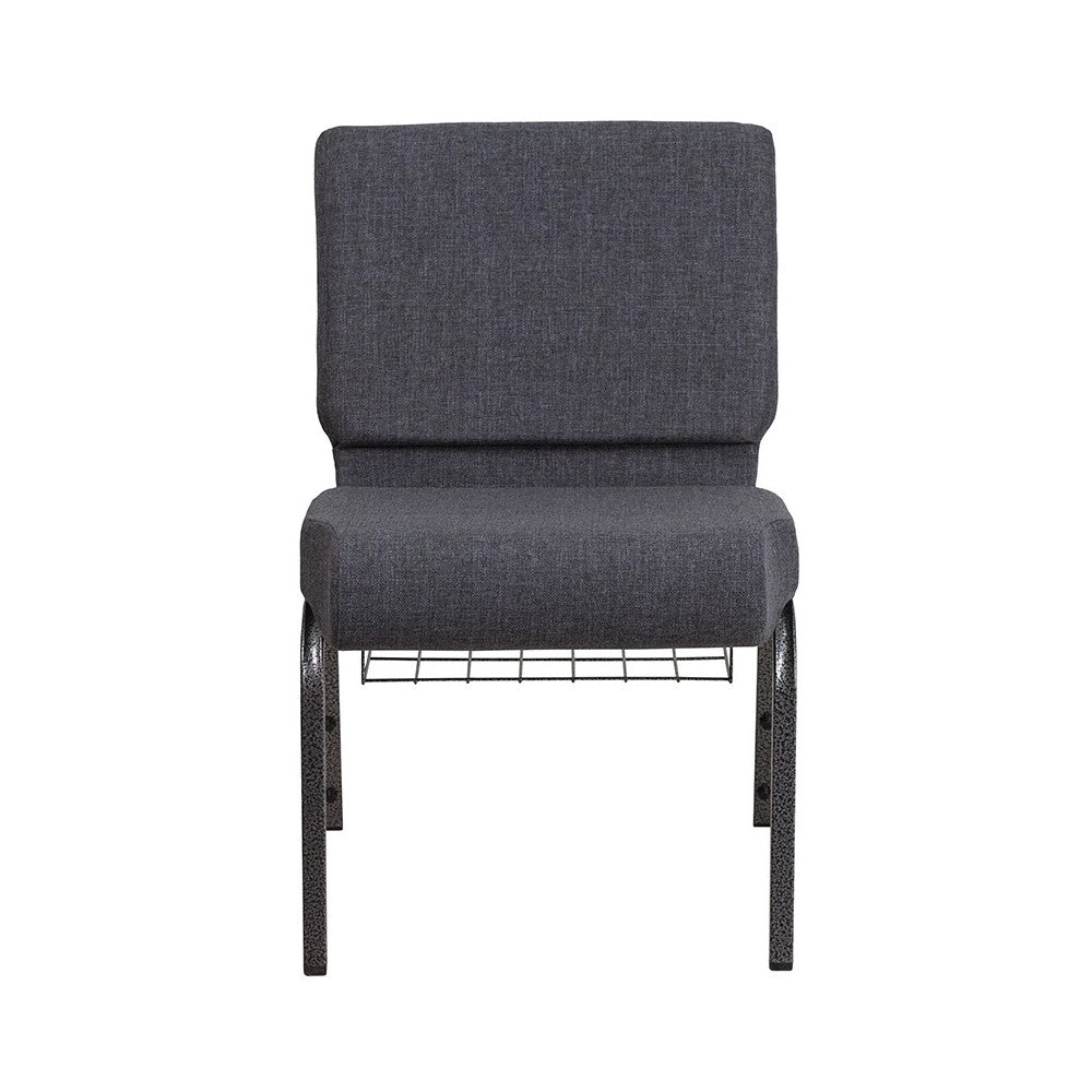 21''W Church Chair in Dark Gray Fabric with Book Rack - Silver Vein Frame