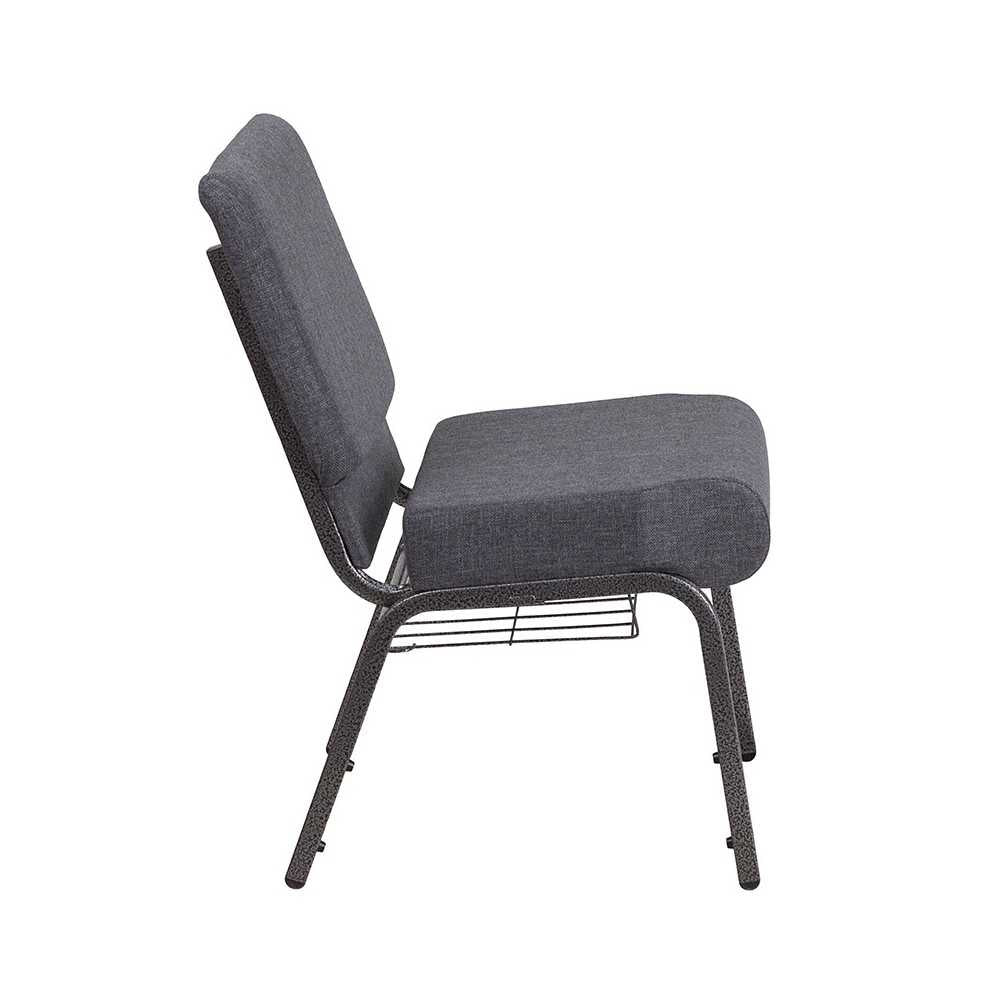 21''W Church Chair in Dark Gray Fabric with Book Rack - Silver Vein Frame