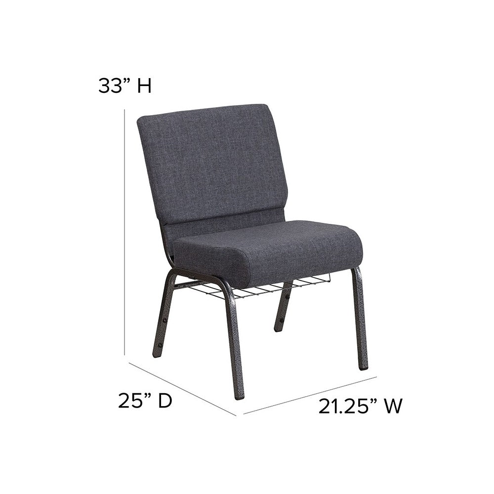 21''W Church Chair in Dark Gray Fabric with Book Rack - Silver Vein Frame
