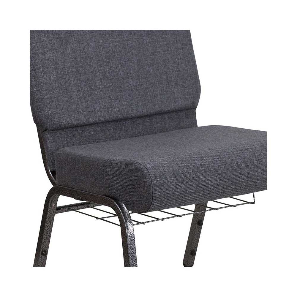 21''W Church Chair in Dark Gray Fabric with Book Rack - Silver Vein Frame
