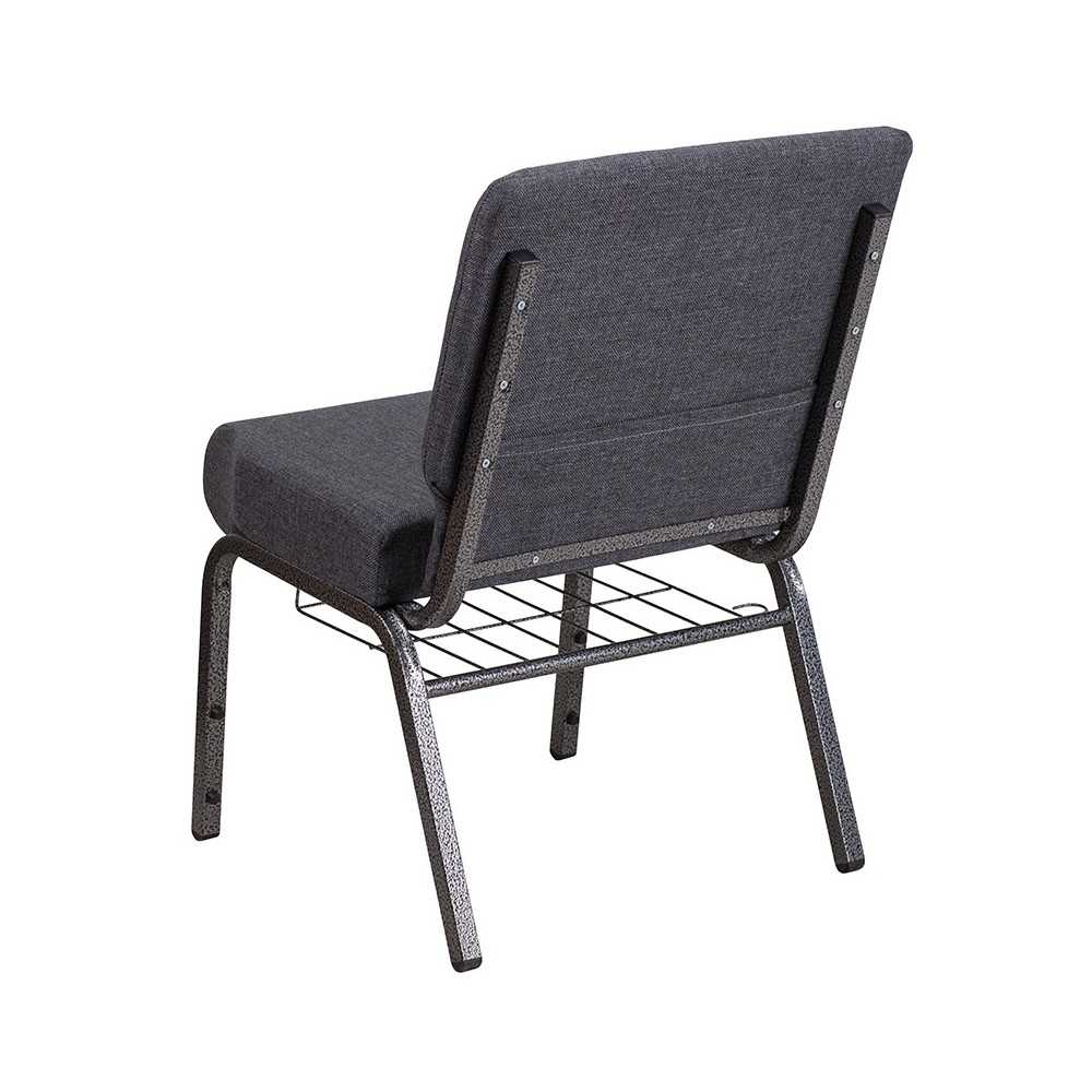 21''W Church Chair in Dark Gray Fabric with Book Rack - Silver Vein Frame
