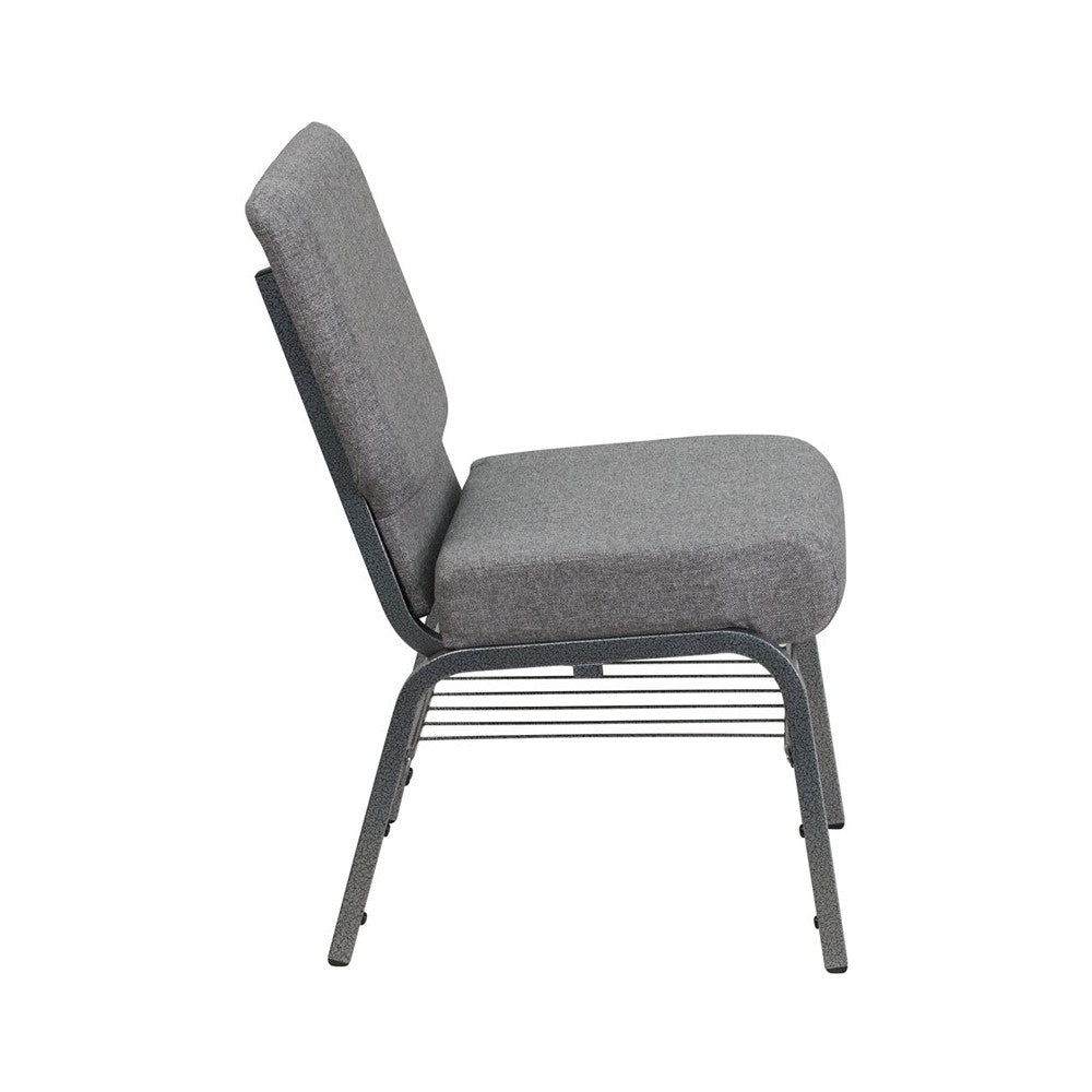21''W Church Chair in Gray Fabric with Book Rack - Silver Vein Frame