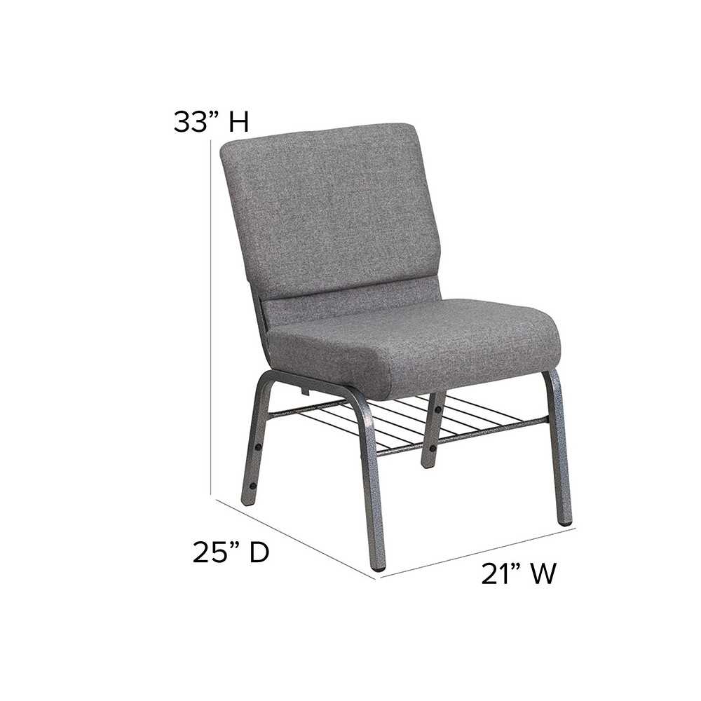21''W Church Chair in Gray Fabric with Book Rack - Silver Vein Frame