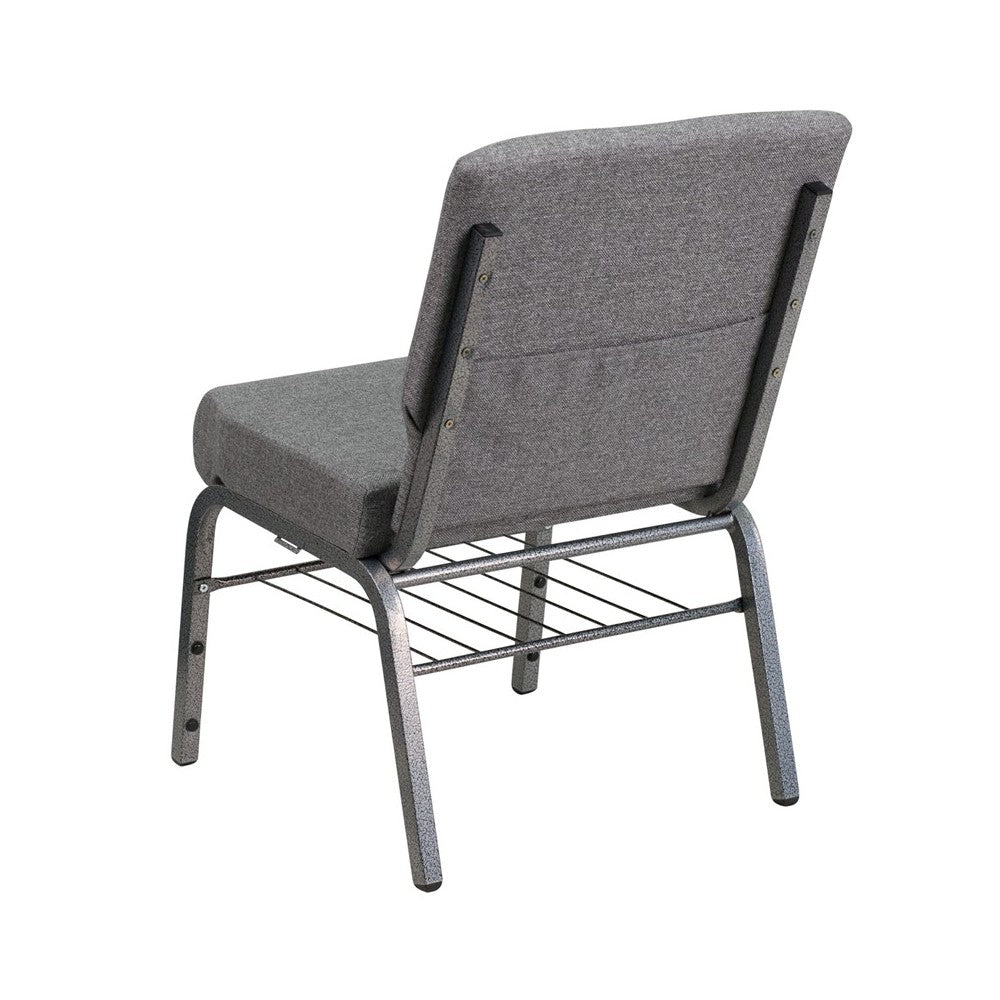 21''W Church Chair in Gray Fabric with Book Rack - Silver Vein Frame