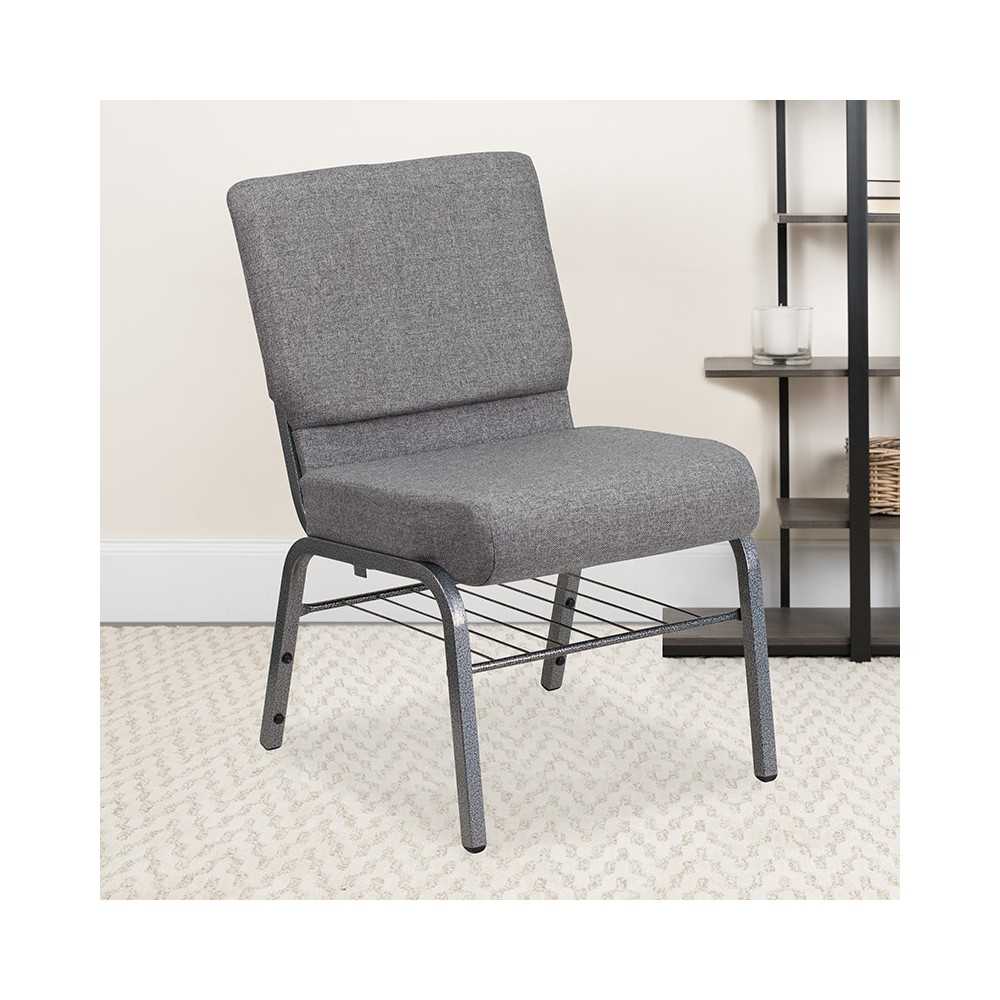 21''W Church Chair in Gray Fabric with Book Rack - Silver Vein Frame