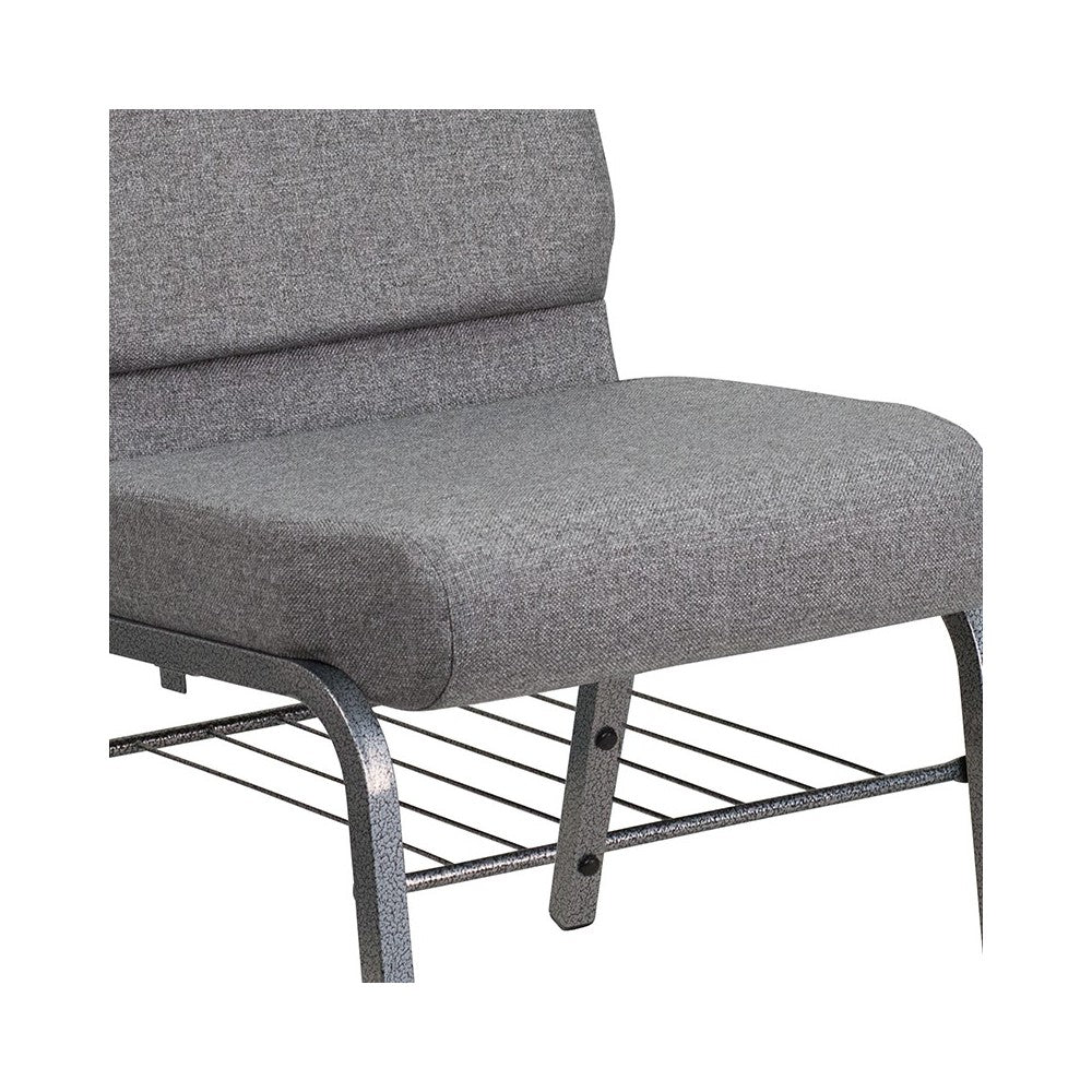 21''W Church Chair in Gray Fabric with Book Rack - Silver Vein Frame