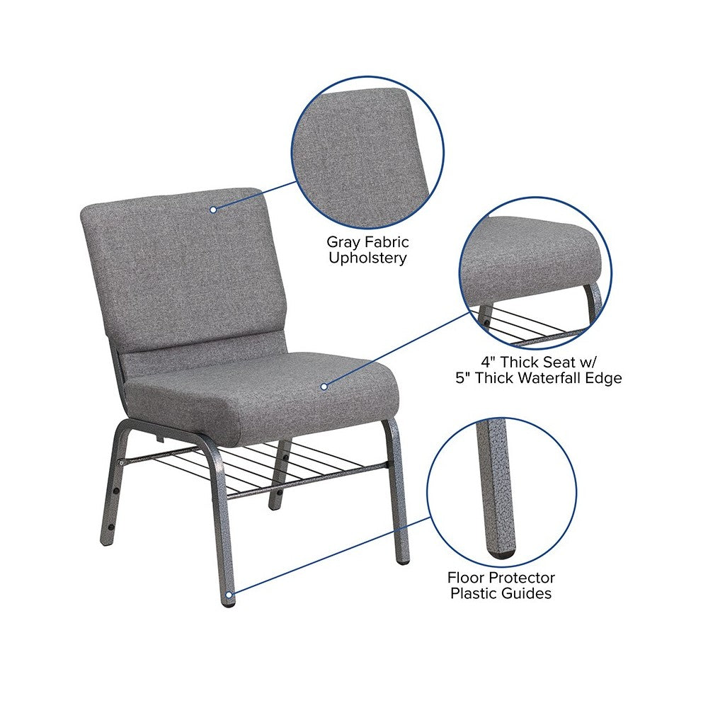 21''W Church Chair in Gray Fabric with Book Rack - Silver Vein Frame
