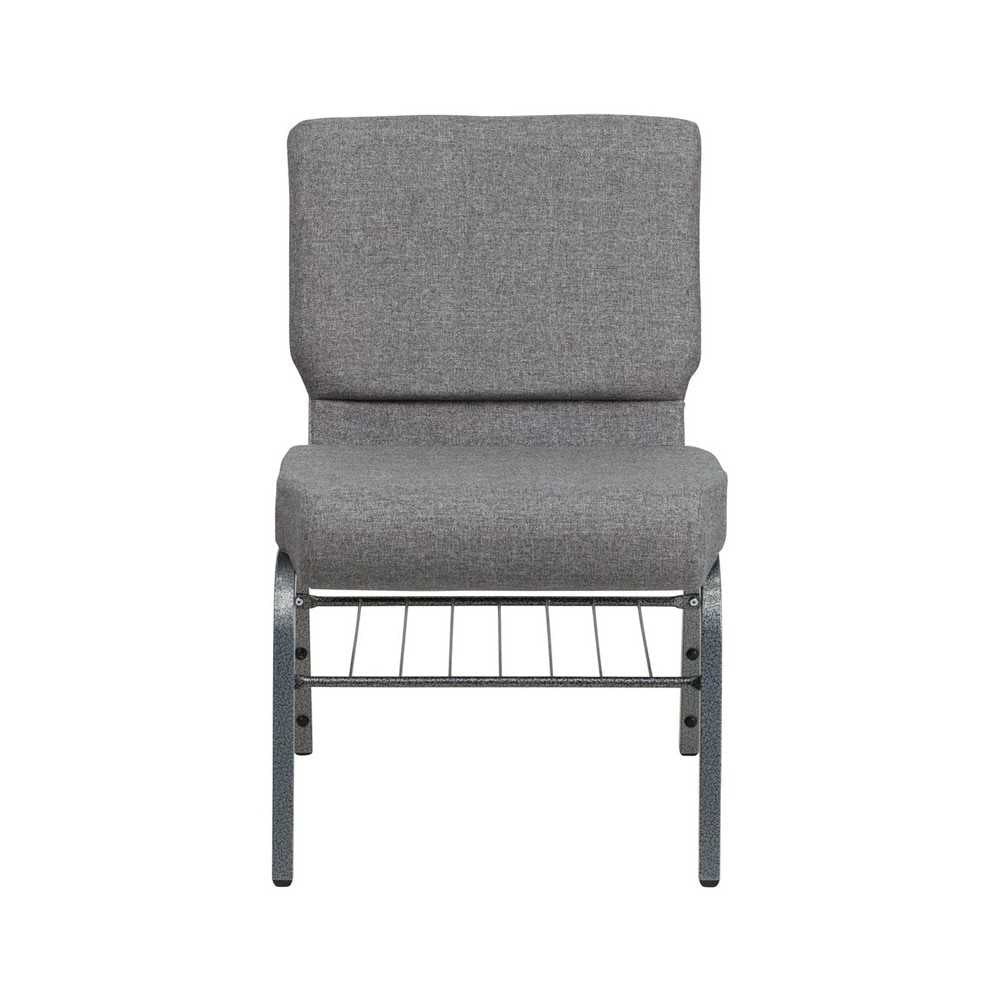 21''W Church Chair in Gray Fabric with Book Rack - Silver Vein Frame