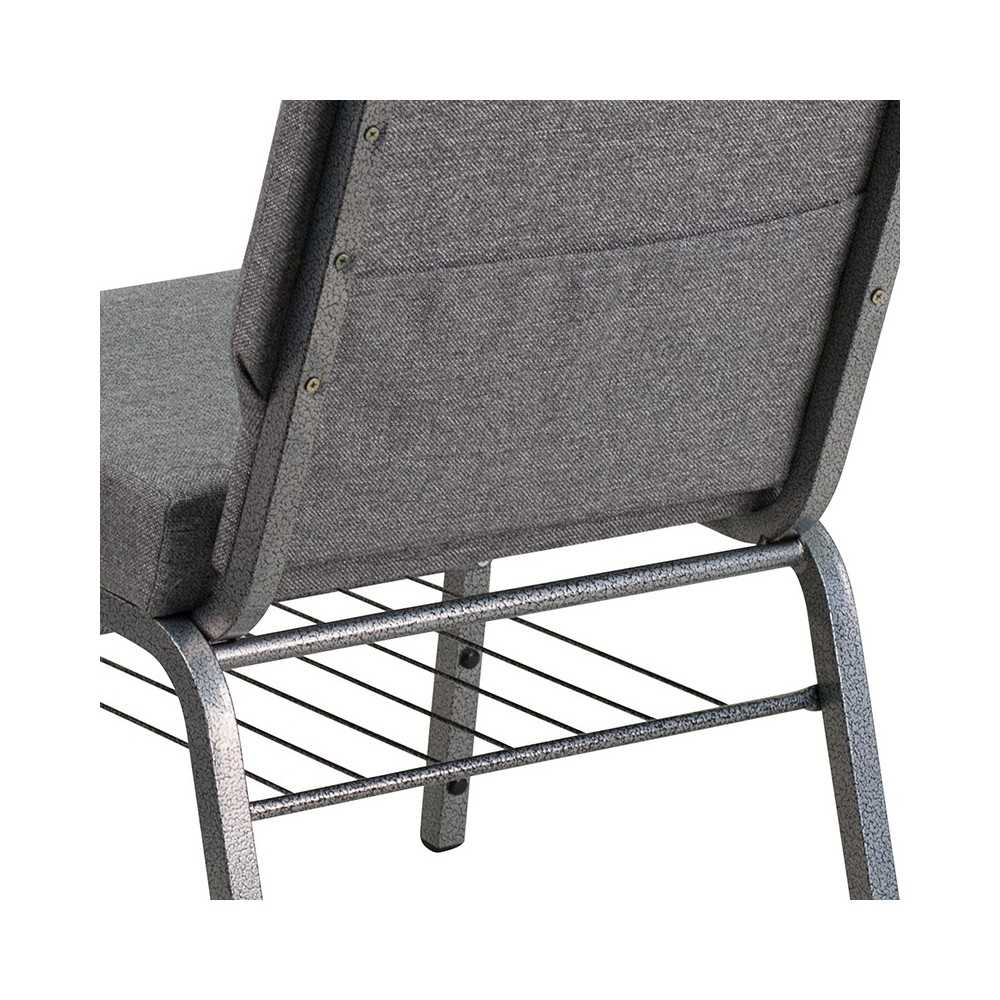 21''W Church Chair in Gray Fabric with Book Rack - Silver Vein Frame