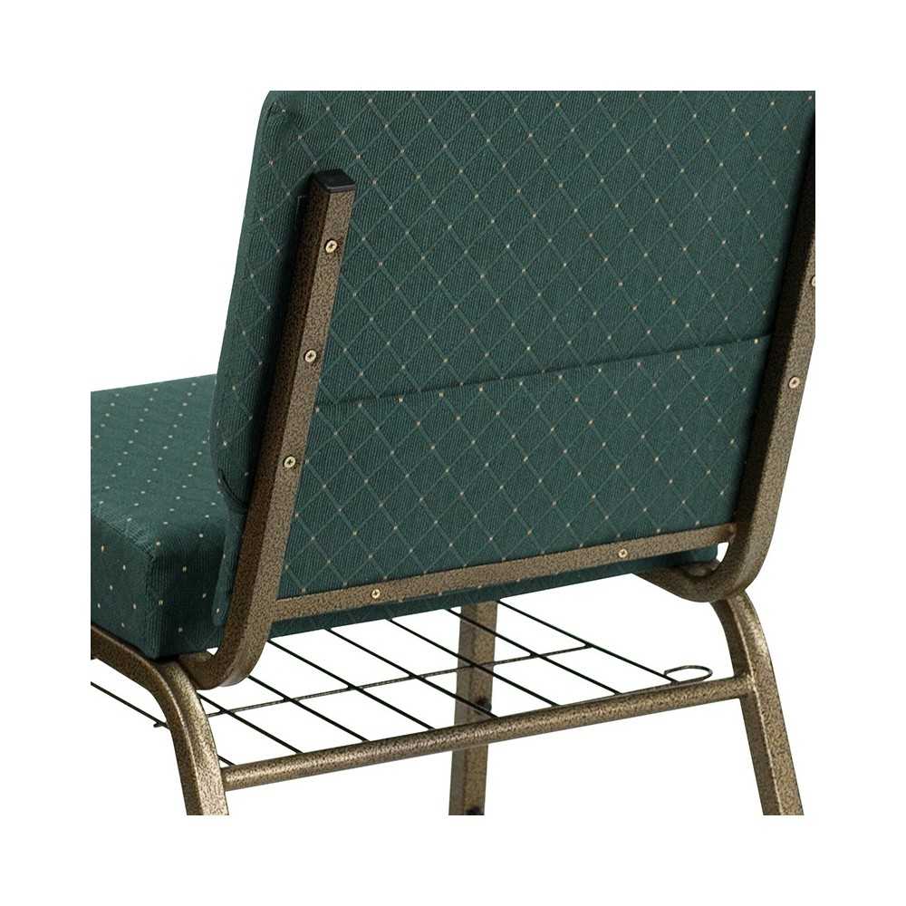 21''W Church Chair in Hunter Green Dot Patterned Fabric with Book Rack - Gold Vein Frame