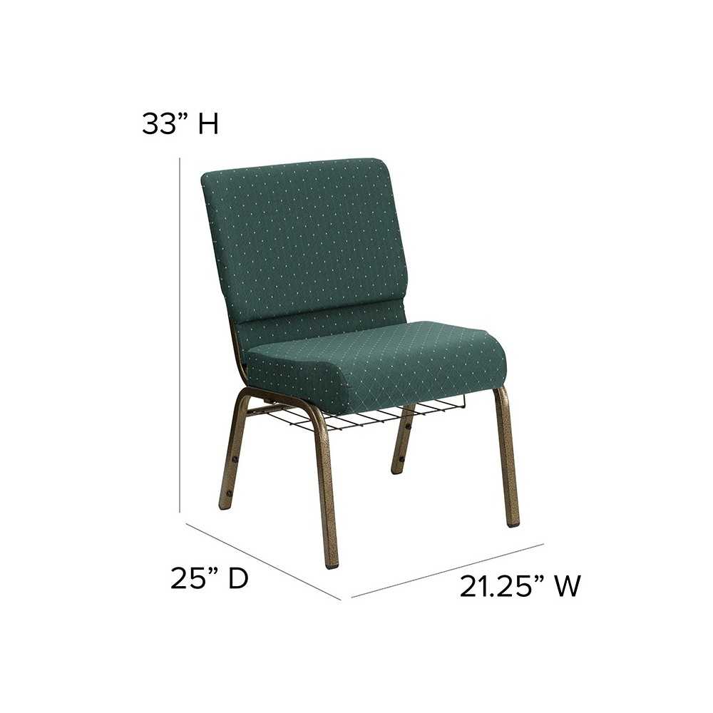 21''W Church Chair in Hunter Green Dot Patterned Fabric with Book Rack - Gold Vein Frame