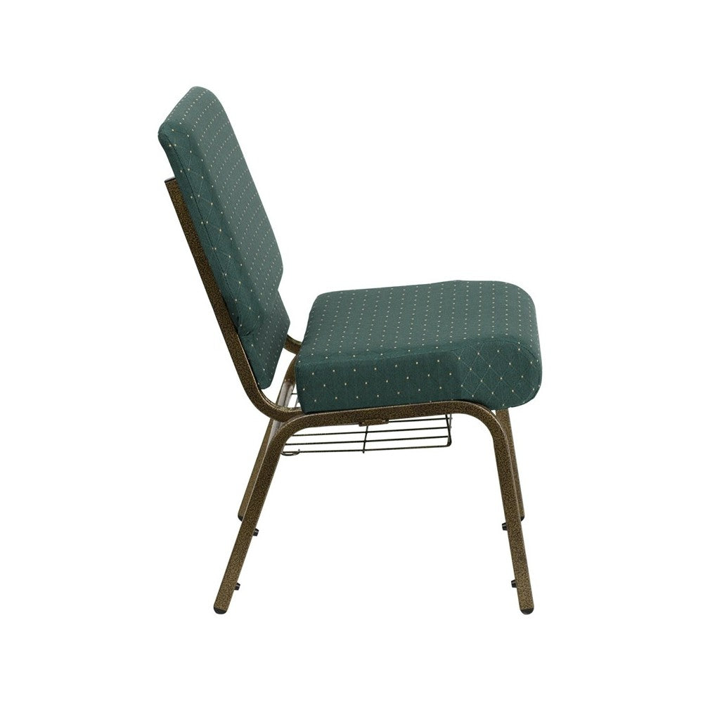 21''W Church Chair in Hunter Green Dot Patterned Fabric with Book Rack - Gold Vein Frame