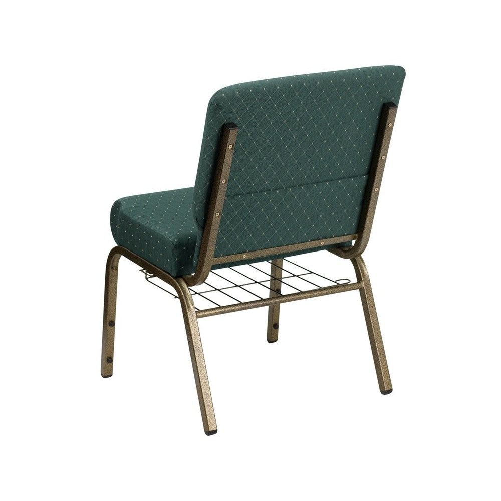 21''W Church Chair in Hunter Green Dot Patterned Fabric with Book Rack - Gold Vein Frame