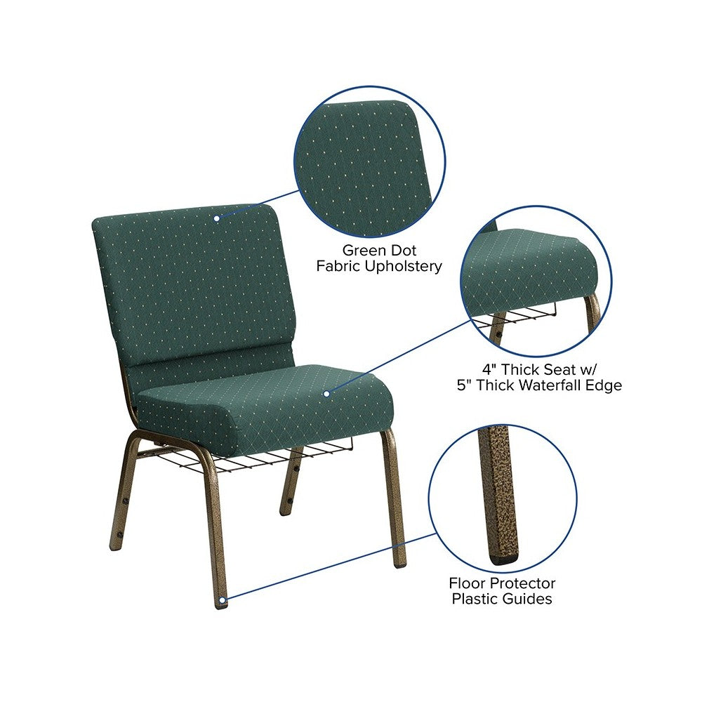 21''W Church Chair in Hunter Green Dot Patterned Fabric with Book Rack - Gold Vein Frame
