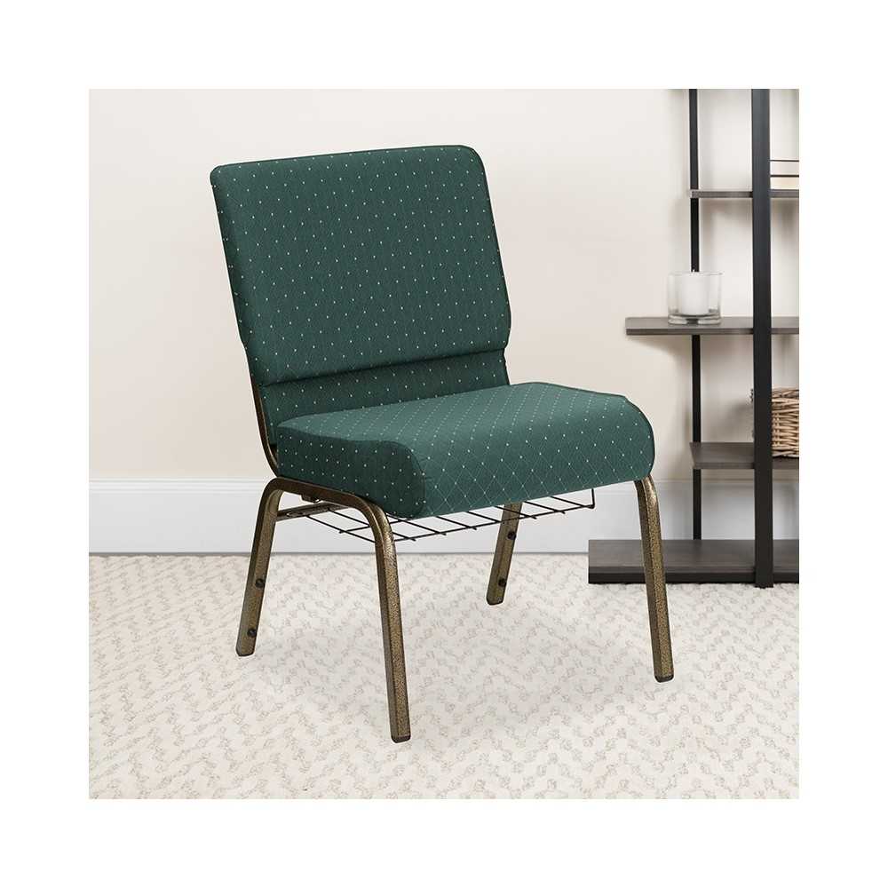 21''W Church Chair in Hunter Green Dot Patterned Fabric with Book Rack - Gold Vein Frame
