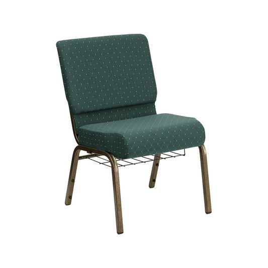 21''W Church Chair in Hunter Green Dot Patterned Fabric with Book Rack - Gold Vein Frame