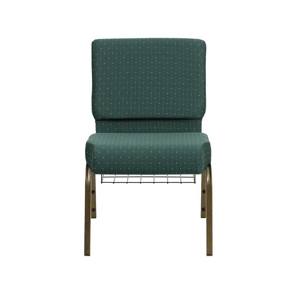 21''W Church Chair in Hunter Green Dot Patterned Fabric with Book Rack - Gold Vein Frame