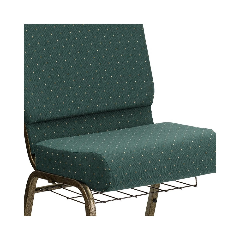 21''W Church Chair in Hunter Green Dot Patterned Fabric with Book Rack - Gold Vein Frame