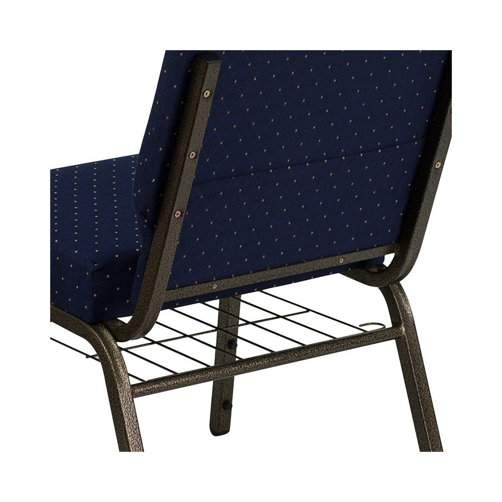 21''W Church Chair in Navy Blue Dot Patterned Fabric with Book Rack - Gold Vein Frame