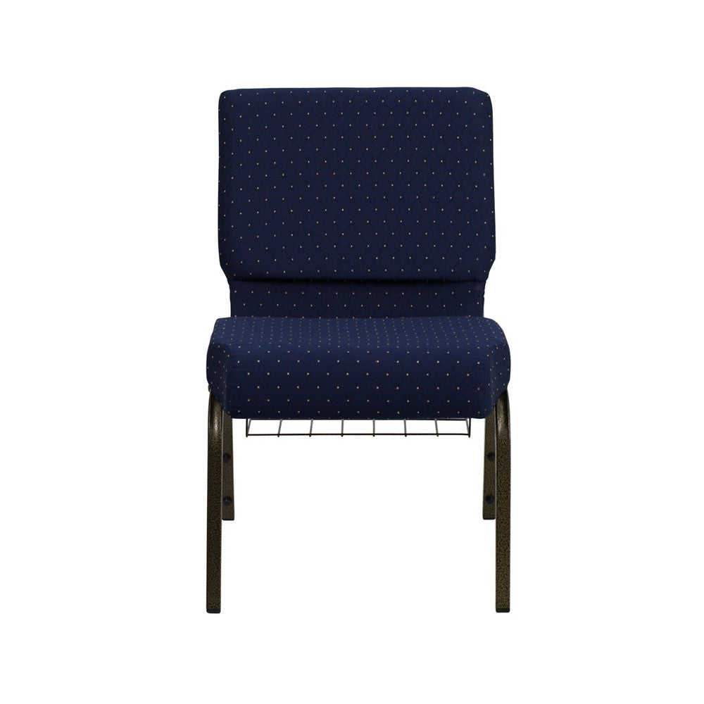 21''W Church Chair in Navy Blue Dot Patterned Fabric with Book Rack - Gold Vein Frame