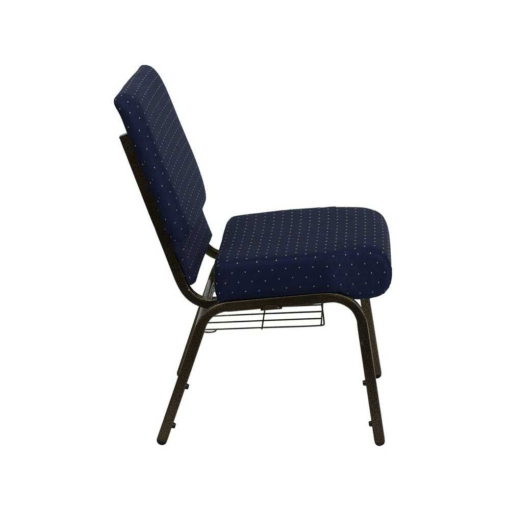 21''W Church Chair in Navy Blue Dot Patterned Fabric with Book Rack - Gold Vein Frame