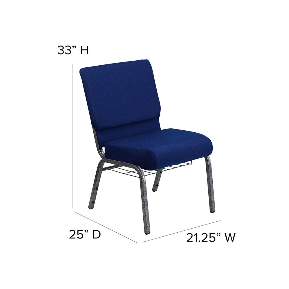 21''W Church Chair in Navy Blue Fabric with Cup Book Rack - Silver Vein Frame