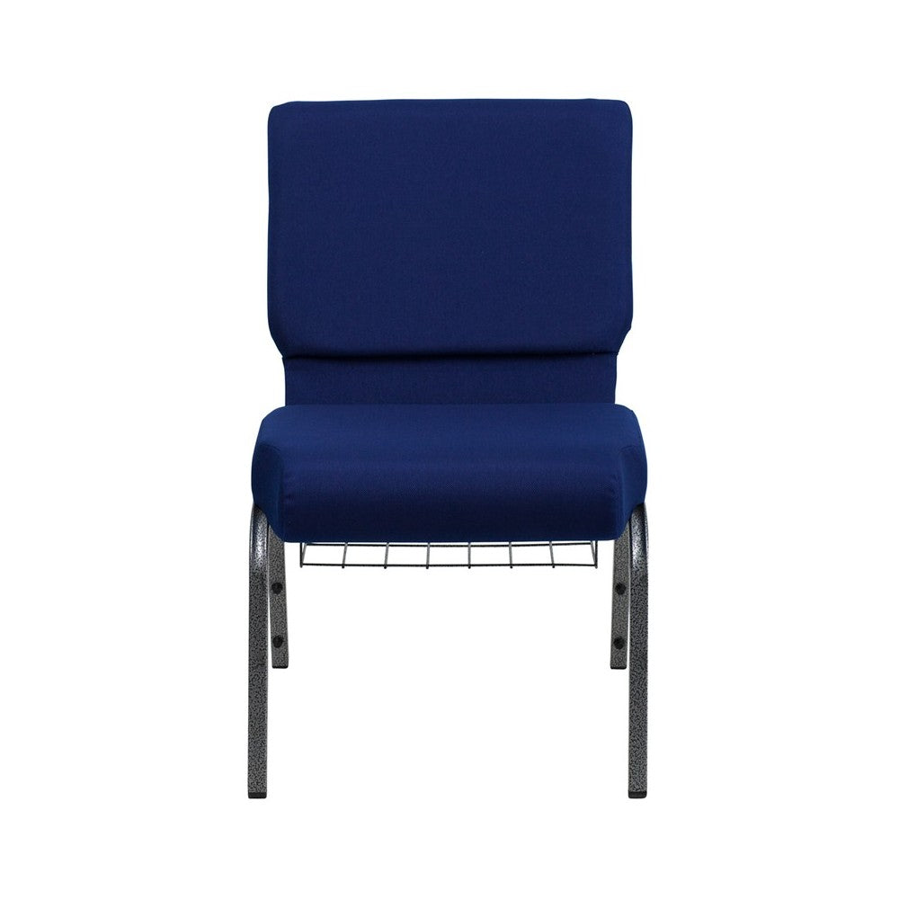 21''W Church Chair in Navy Blue Fabric with Cup Book Rack - Silver Vein Frame