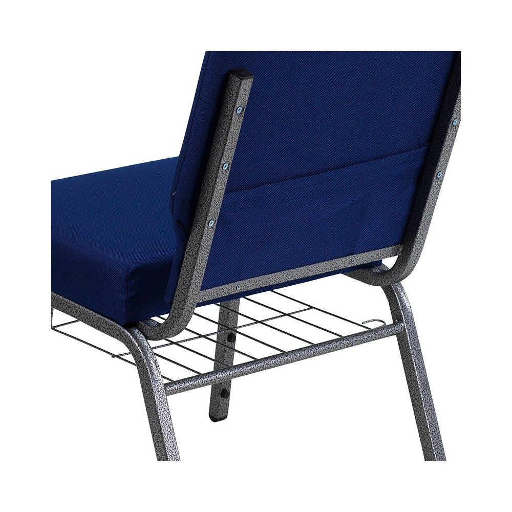 21''W Church Chair in Navy Blue Fabric with Cup Book Rack - Silver Vein Frame