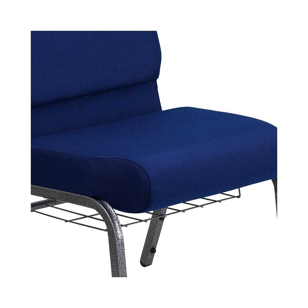 21''W Church Chair in Navy Blue Fabric with Cup Book Rack - Silver Vein Frame