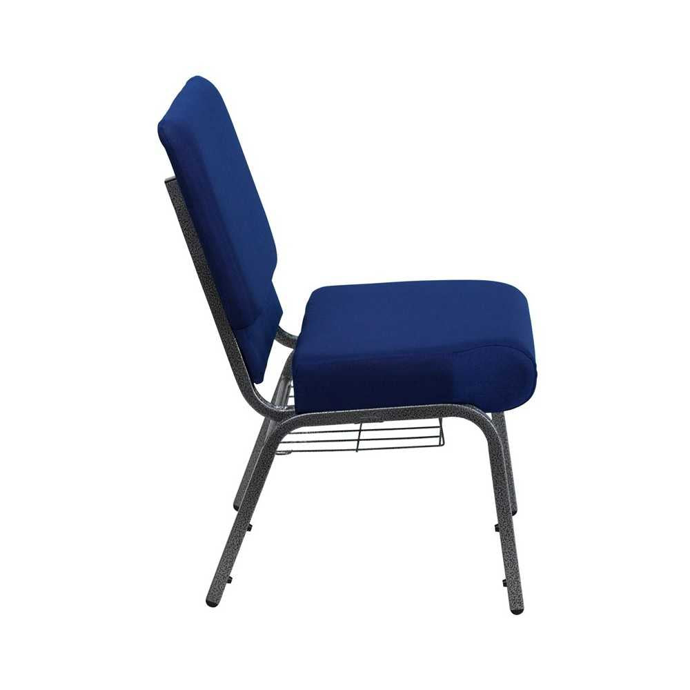 21''W Church Chair in Navy Blue Fabric with Cup Book Rack - Silver Vein Frame