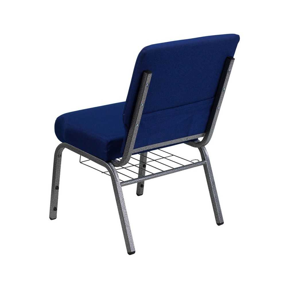 21''W Church Chair in Navy Blue Fabric with Cup Book Rack - Silver Vein Frame