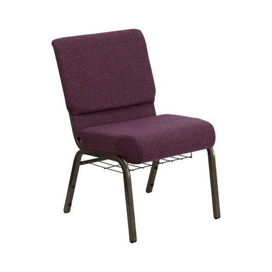 21''W Church Chair in Plum Fabric with Cup Book Rack - Gold Vein Frame