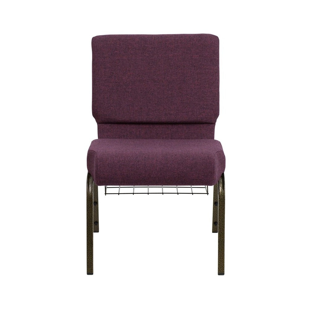 21''W Church Chair in Plum Fabric with Cup Book Rack - Gold Vein Frame