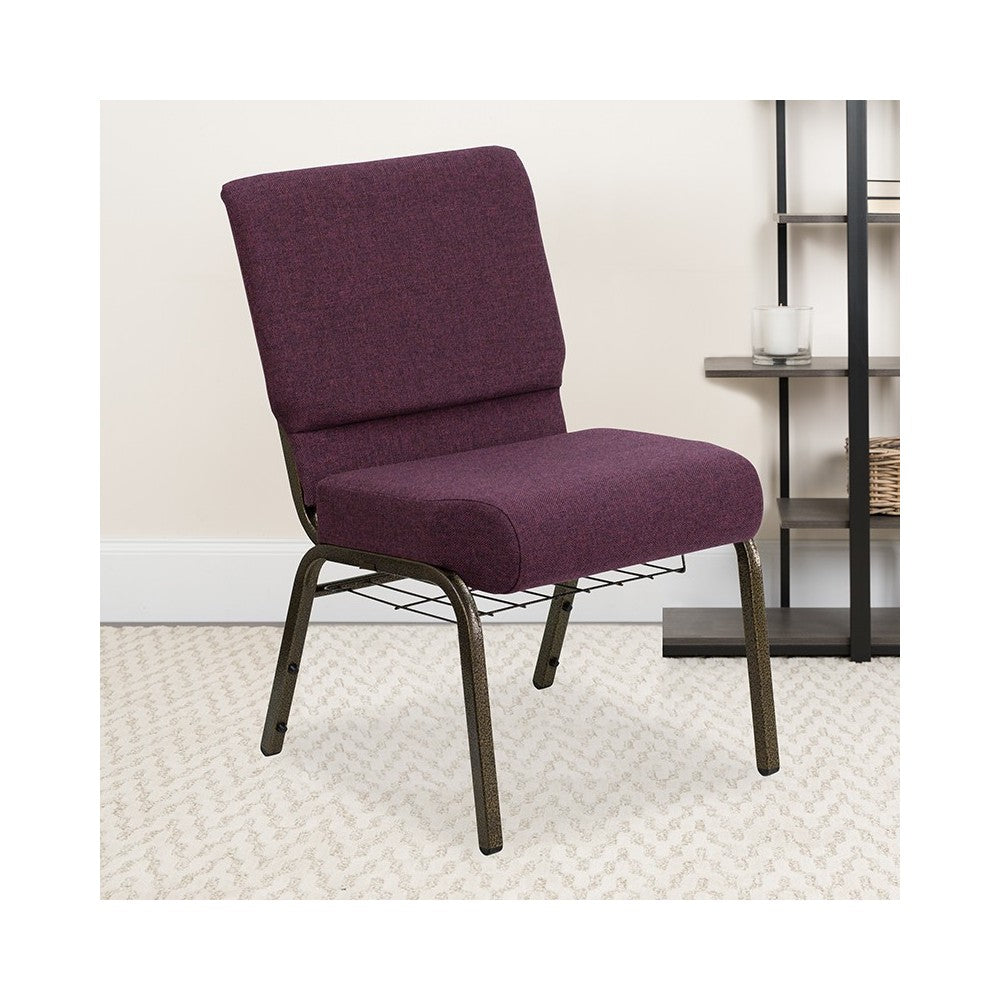 21''W Church Chair in Plum Fabric with Cup Book Rack - Gold Vein Frame