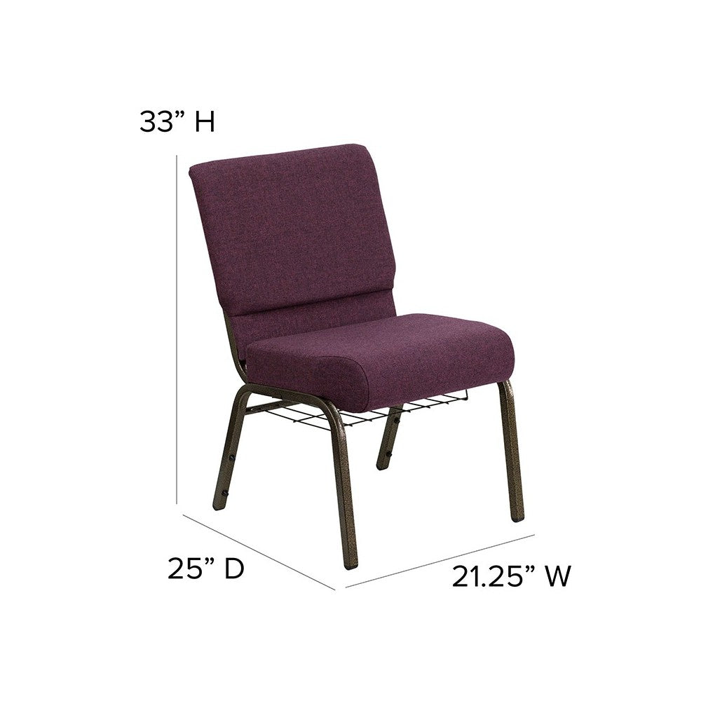 21''W Church Chair in Plum Fabric with Cup Book Rack - Gold Vein Frame