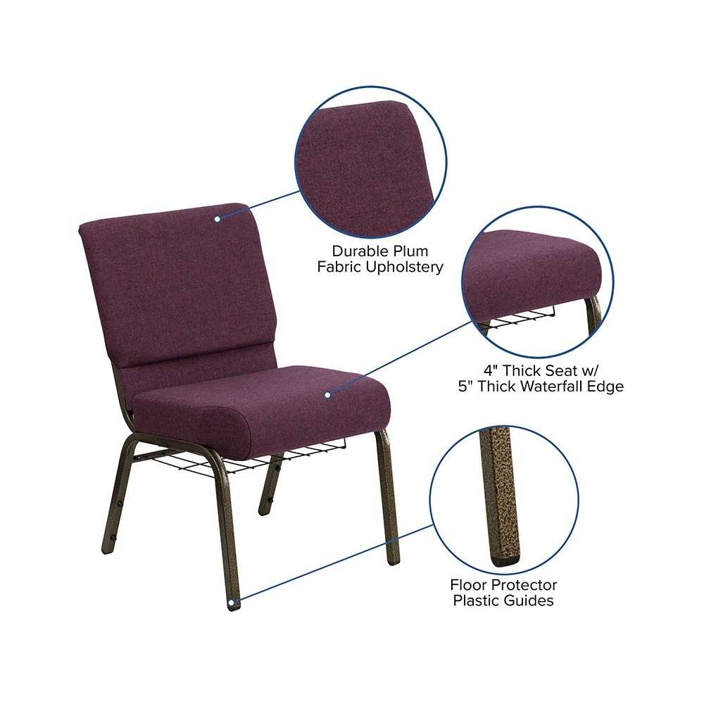 21''W Church Chair in Plum Fabric with Cup Book Rack - Gold Vein Frame