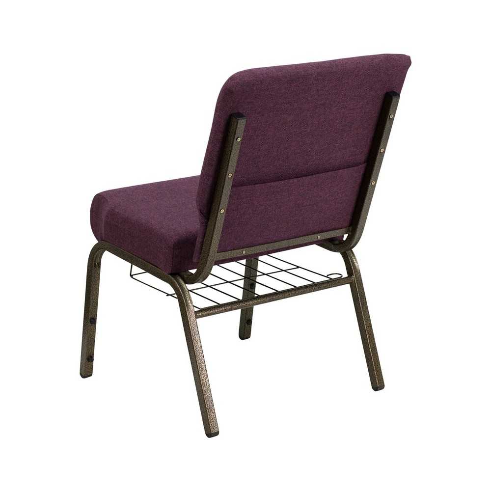 21''W Church Chair in Plum Fabric with Cup Book Rack - Gold Vein Frame